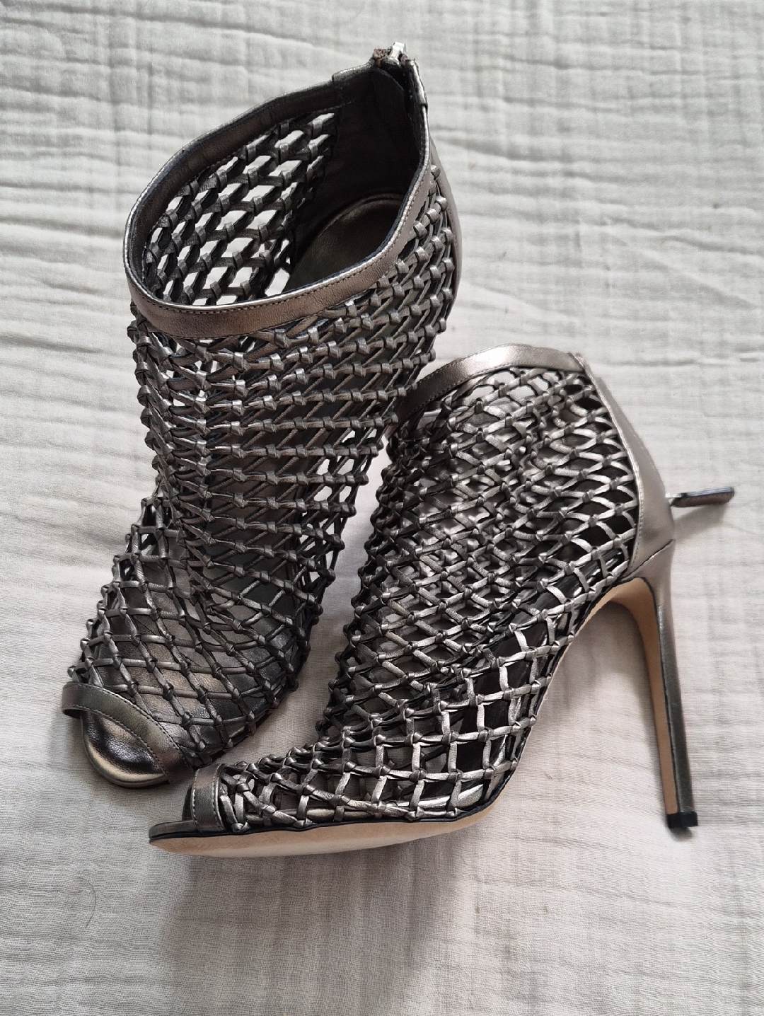 Gucci Metallic Silver Woven Peep-Toe Stiletto Booties